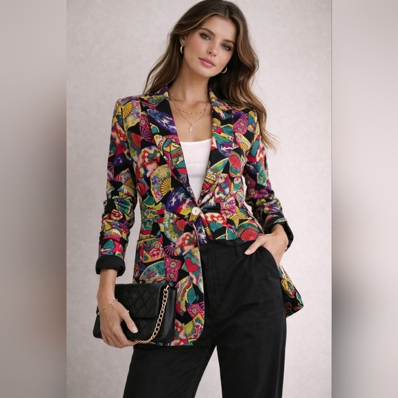 Dana Buchman Jackets & Blazers - Vintage 100% Silk Dana Buchman Multicolor Fan Pattern Blazer